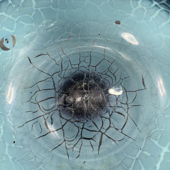 1987 Hand Blown Art Glass Large Bowl Dish Lava Glaze Finish Blue Black Signed - Picture 11 of 16